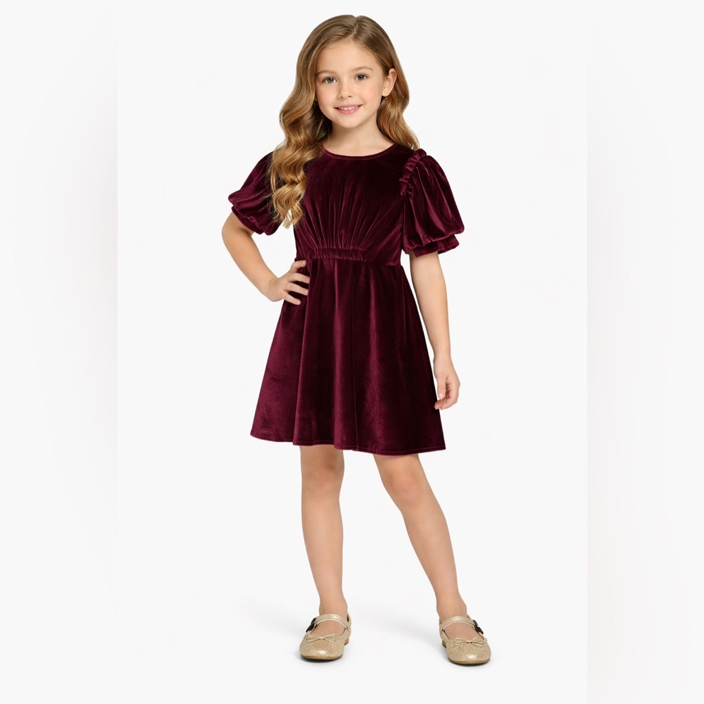 Zara Girls Velvet Ruffle Puff Sleeve Elegant Dress - Burgundy - Picture 3 of 11